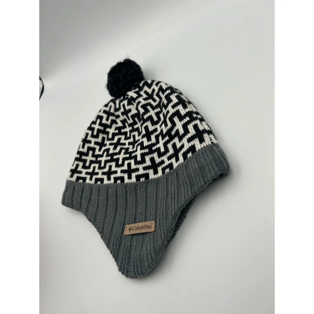 Columbia Youth Omni-Heat Beanie Earflap Hat Black White‎ Grey Geometric  Beanie